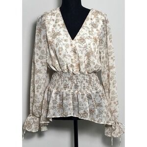 London Rose Long Sleeve Romantic Cinched Waist Floral Boho Festival Top Size (M)